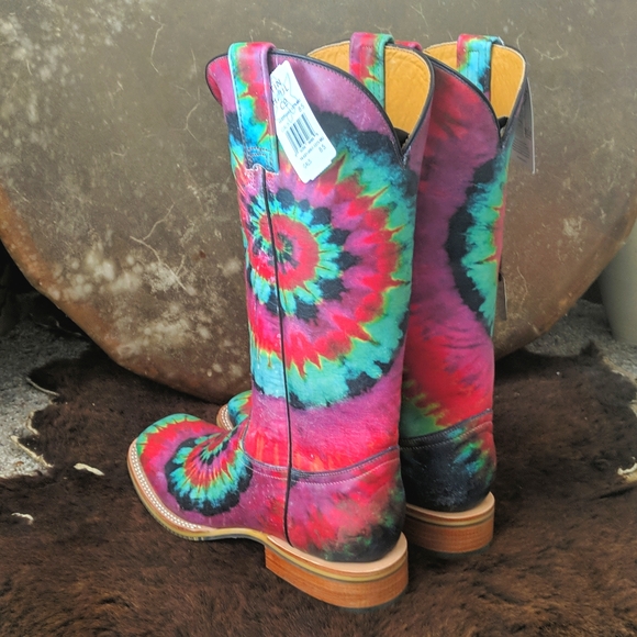 TIN HAUL "Happy Hippie" groovy rainbow tie dye leather cowgirl boots in box NWT - Picture 7 of 16